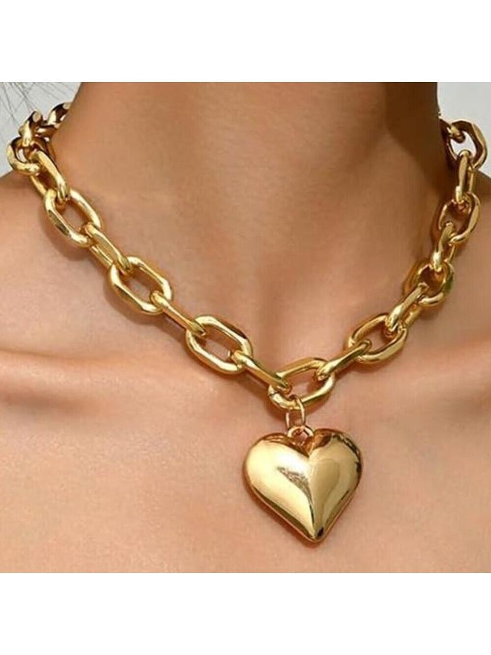 Chunky Heart Necklace Statement Necklace with Big Puffy Heart Gold Tone